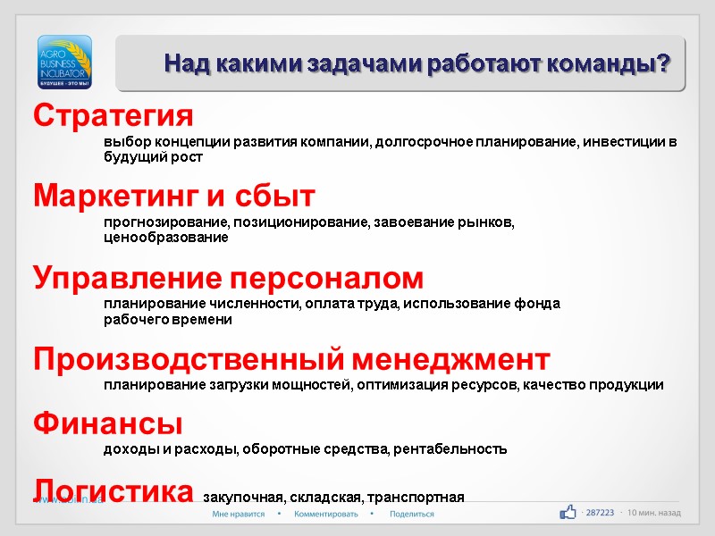 Над какими задачами работают команды? Стратегия   выбор концепции развития компании, долгосрочное планирование,